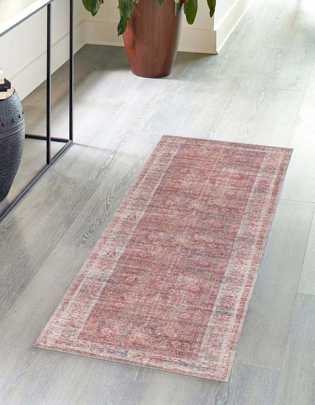 Washable Rust Red and Brown 2' 7 x 14' 1 Nostalgia Runner Area Rug Easy to Clean Stain Resistant & Durable Polyester Chenille Vintage Distressed Carpet for Sale at Rug Engine
