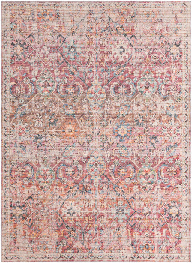 Washable Ivory and Pink 7' 3 x 10' Nostalgia Rectangle Area Rug Easy to Clean Stain Resistant & Durable Polyester Chenille Vintage Distressed Carpet for Sale at Rug Engine