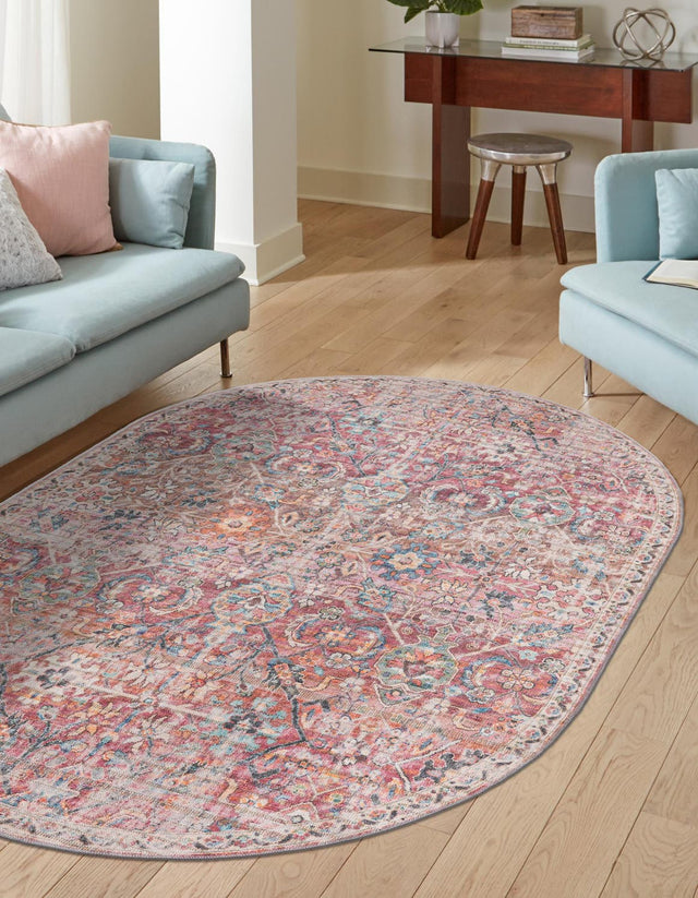 Washable Ivory and Pink 7' 10 x 10' Nostalgia Oval Area Rug Easy to Clean Stain Resistant & Durable Polyester Chenille Vintage Distressed Carpet for Sale at Rug Engine