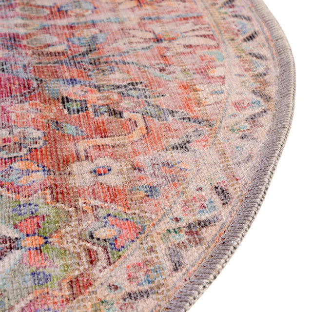 Washable Ivory and Pink 5' 3 x 8' Nostalgia Oval Area Rug Easy to Clean Stain Resistant & Durable Polyester Chenille Vintage Distressed Carpet for Sale at Rug Engine