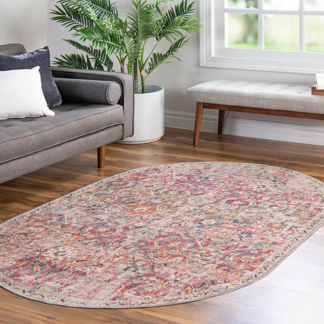 Washable Ivory and Pink 7' 10 x 10' Nostalgia Oval Area Rug Easy to Clean Stain Resistant & Durable Polyester Chenille Vintage Distressed Carpet for Sale at Rug Engine
