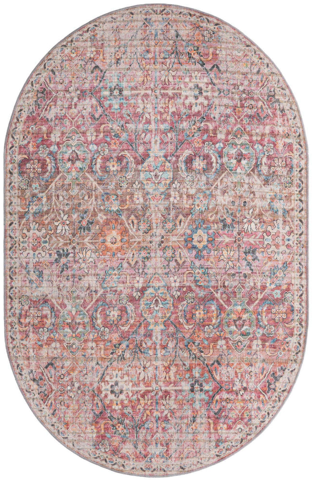 Washable Ivory and Pink 5' 3 x 8' Nostalgia Oval Area Rug Easy to Clean Stain Resistant & Durable Polyester Chenille Vintage Distressed Carpet for Sale at Rug Engine