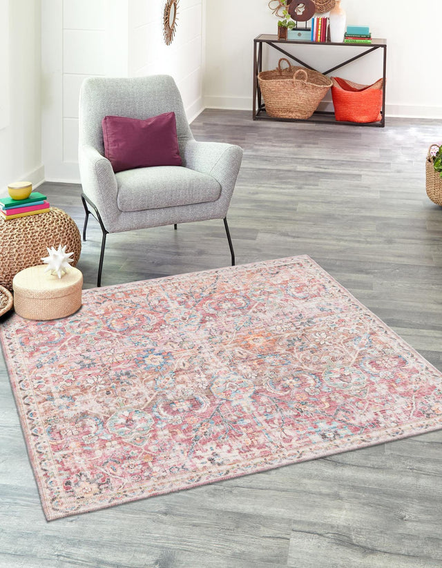 Washable Ivory and Pink 7' 3 x 7' 3 Nostalgia Square Area Rug Easy to Clean Stain Resistant & Durable Polyester Chenille Vintage Distressed Carpet for Sale at Rug Engine