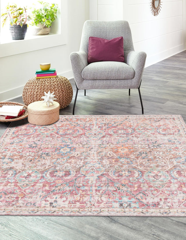 Washable Ivory and Pink 7' 3 x 7' 3 Nostalgia Square Area Rug Easy to Clean Stain Resistant & Durable Polyester Chenille Vintage Distressed Carpet for Sale at Rug Engine