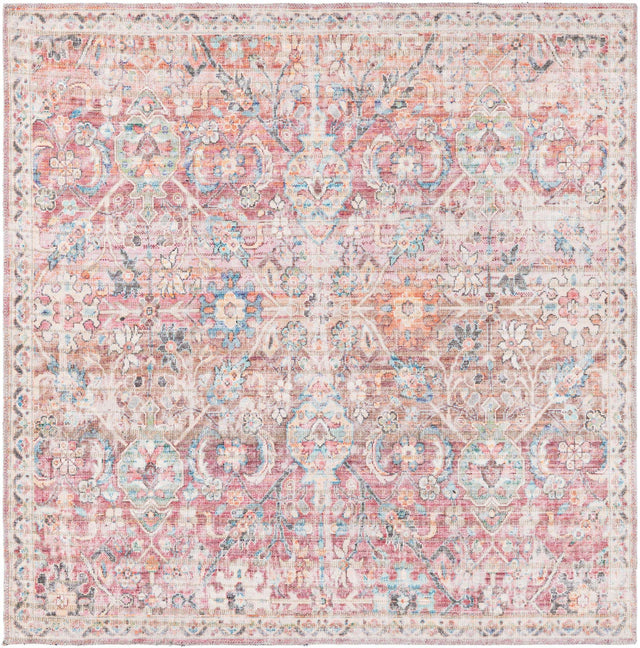 Washable Ivory and Pink 5' 3 x 5' 3 Nostalgia Square Area Rug Easy to Clean Stain Resistant & Durable Polyester Chenille Vintage Distressed Carpet for Sale at Rug Engine