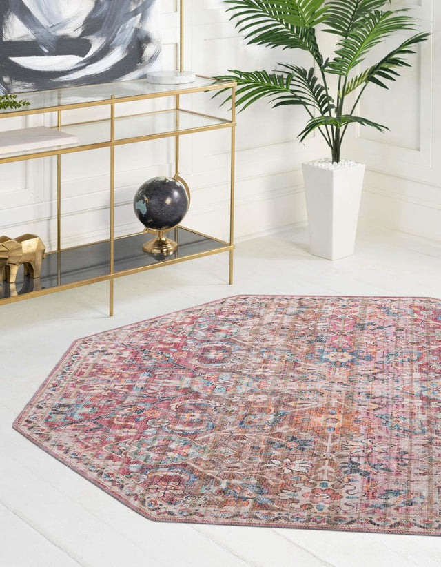 Washable Ivory and Pink 5' 3 x 5' 3 Nostalgia Octagon Area Rug Easy to Clean Stain Resistant & Durable Polyester Chenille Vintage Distressed Carpet for Sale at Rug Engine