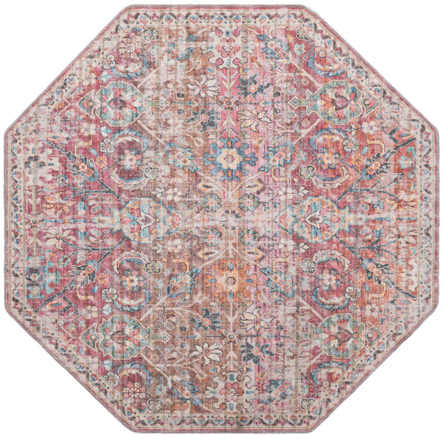 Washable Ivory and Pink 5' 3 x 5' 3 Nostalgia Octagon Area Rug Easy to Clean Stain Resistant & Durable Polyester Chenille Vintage Distressed Carpet for Sale at Rug Engine