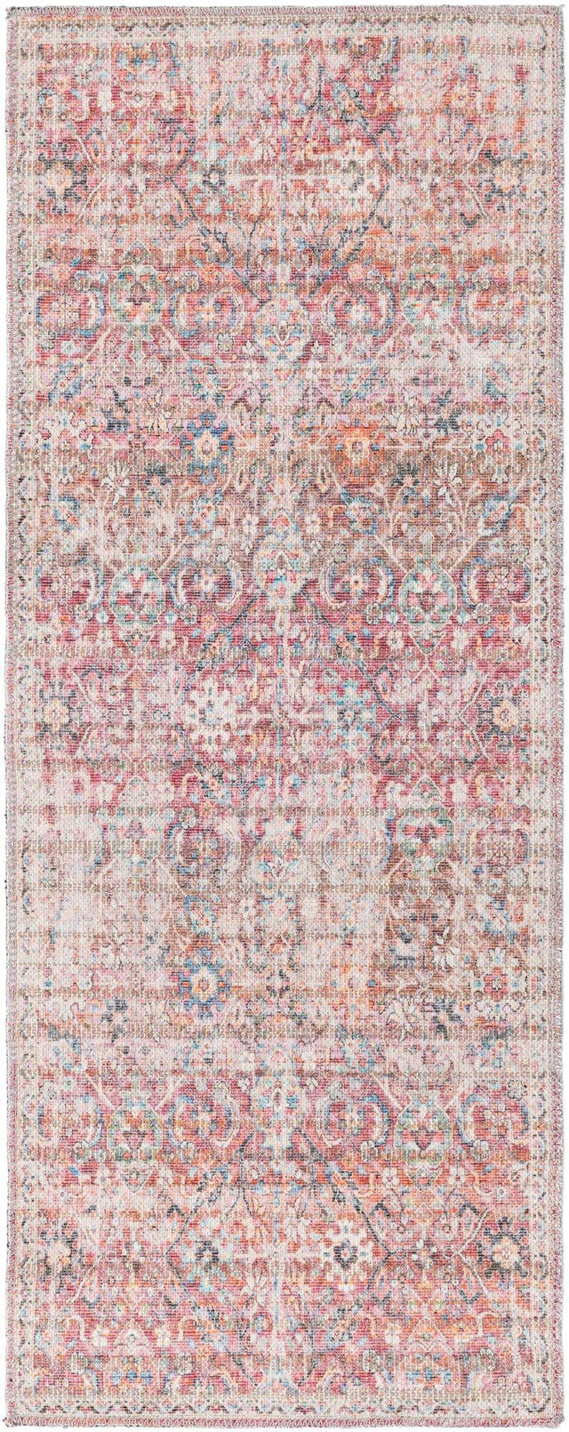 Washable Ivory and Pink 2' x 5' 1 Nostalgia Runner Area Rug Easy to Clean Stain Resistant & Durable Polyester Chenille Vintage Distressed Carpet for Sale at Rug Engine