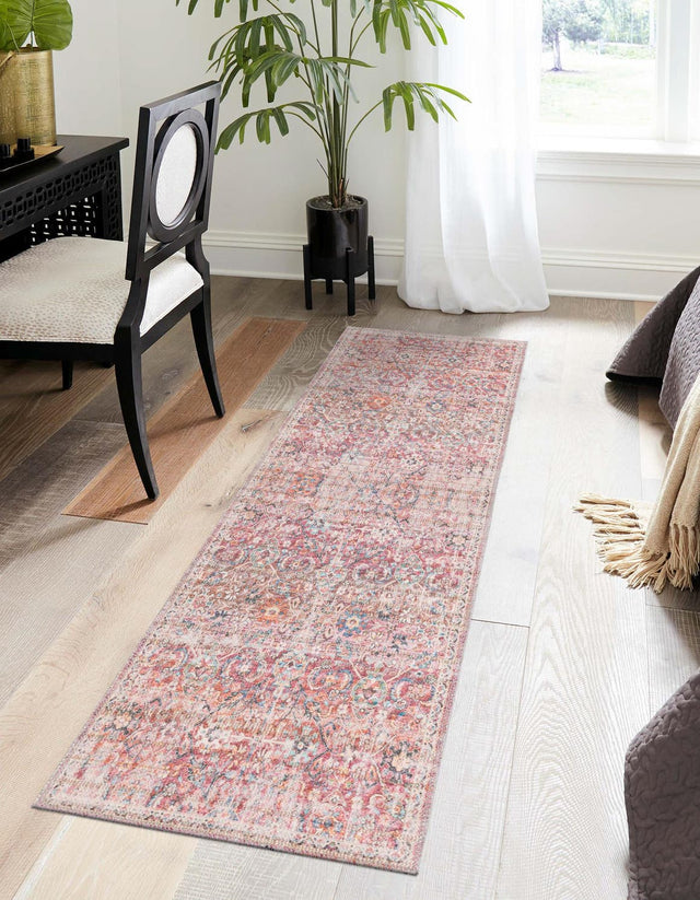 Washable Ivory and Pink 2' x 6' 1 Nostalgia Runner Area Rug Easy to Clean Stain Resistant & Durable Polyester Chenille Vintage Distressed Carpet for Sale at Rug Engine