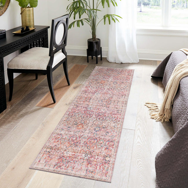 Washable Ivory and Pink 2' 7 x 14' 1 Nostalgia Runner Area Rug Easy to Clean Stain Resistant & Durable Polyester Chenille Vintage Distressed Carpet for Sale at Rug Engine