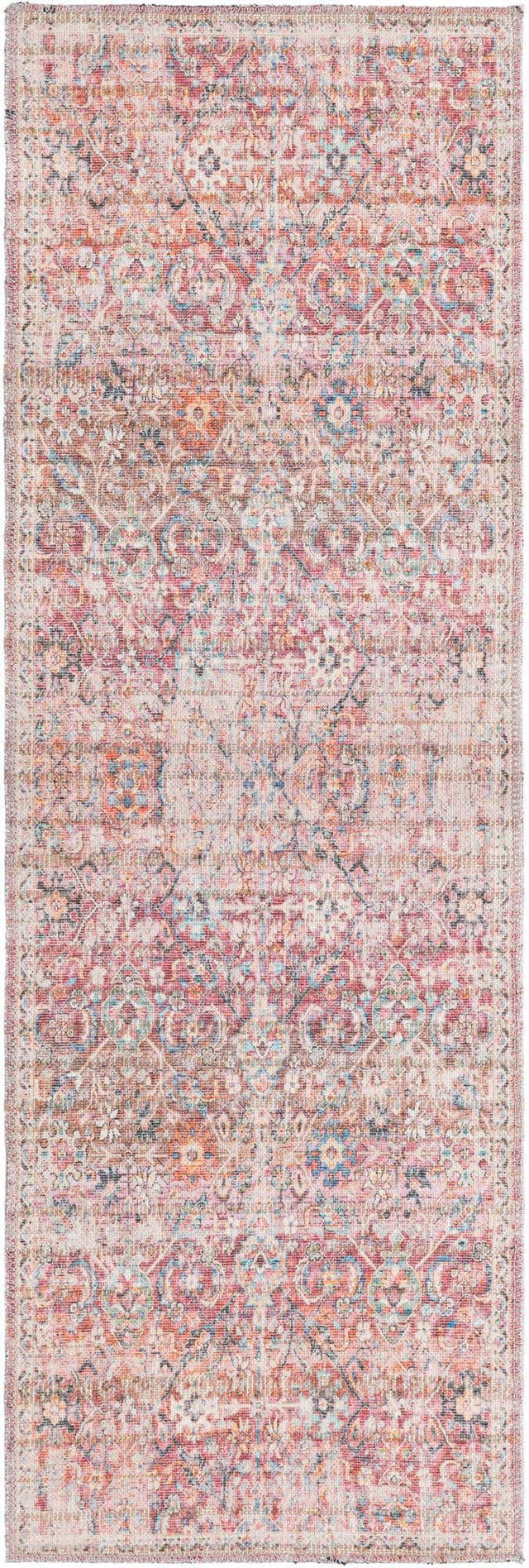 Washable Ivory and Pink 2' x 6' 1 Nostalgia Runner Area Rug Easy to Clean Stain Resistant & Durable Polyester Chenille Vintage Distressed Carpet for Sale at Rug Engine
