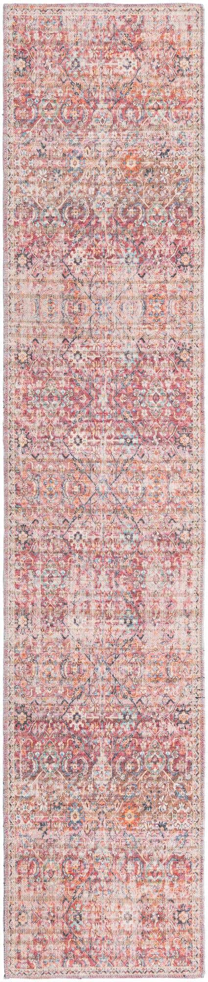 Washable Ivory and Pink 2' x 10' Nostalgia Runner Area Rug Easy to Clean Stain Resistant & Durable Polyester Chenille Vintage Distressed Carpet for Sale at Rug Engine