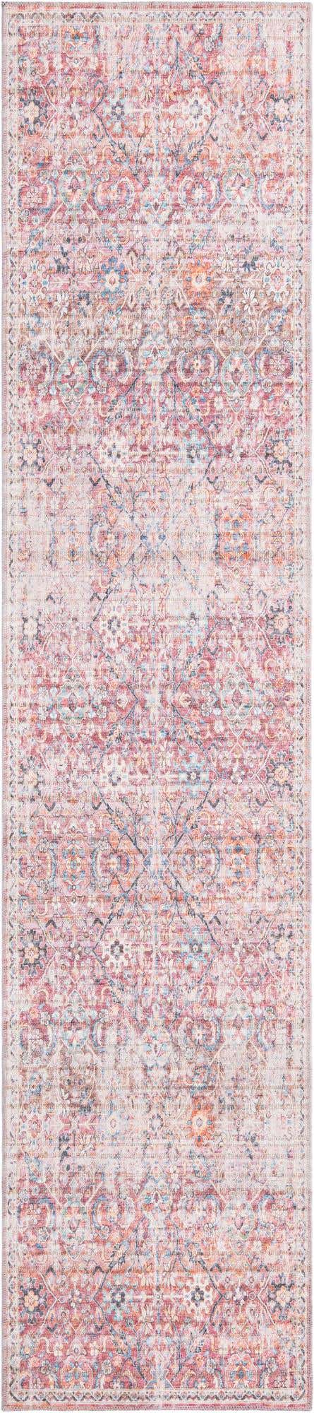 Washable Ivory and Pink 2' 7 x 12' Nostalgia Runner Area Rug Easy to Clean Stain Resistant & Durable Polyester Chenille Vintage Distressed Carpet for Sale at Rug Engine