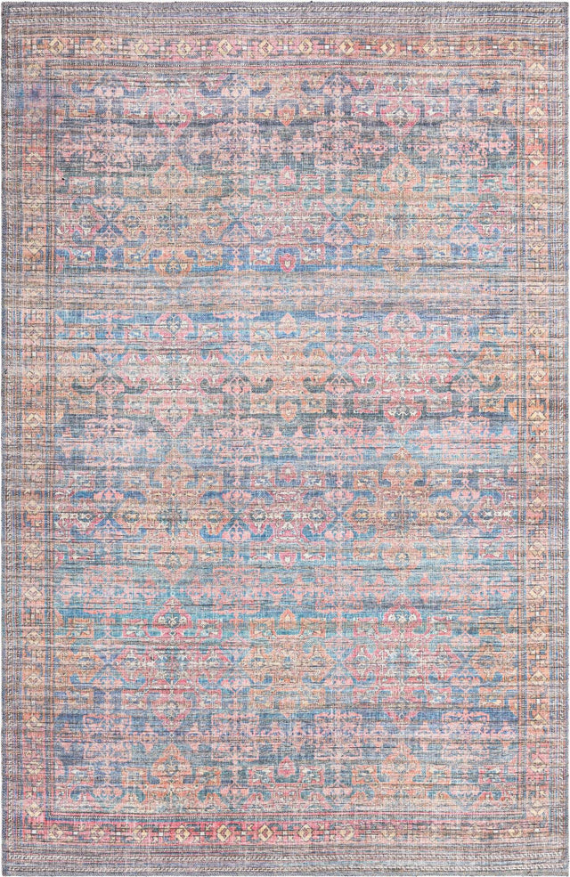 Washable Antique Blue 5' 3 x 8' Nostalgia Washable Rectangle Area Rug Easy to Clean Stain Resistant & Durable Polyester Chenille Vintage Distressed Carpet for Sale at Rug Engine