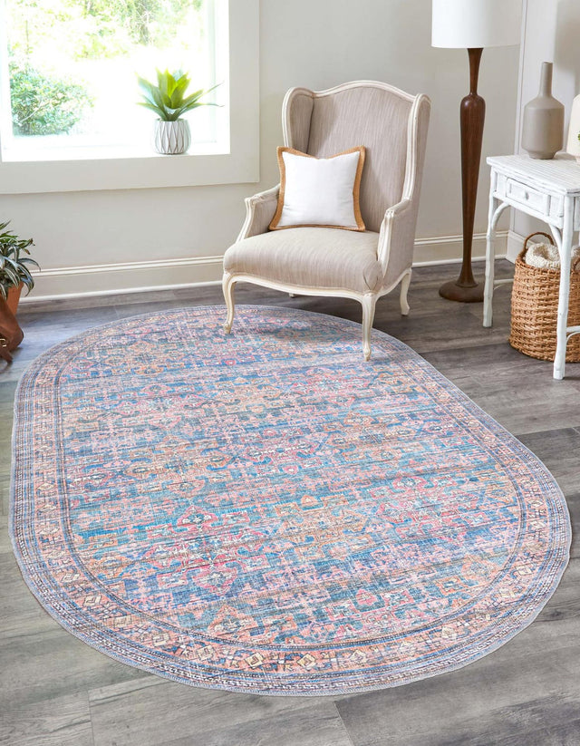 Washable Antique Blue 3' 11 x 6' Nostalgia Oval Area Rug Easy to Clean Stain Resistant & Durable Polyester Chenille Vintage Distressed Carpet for Sale at Rug Engine