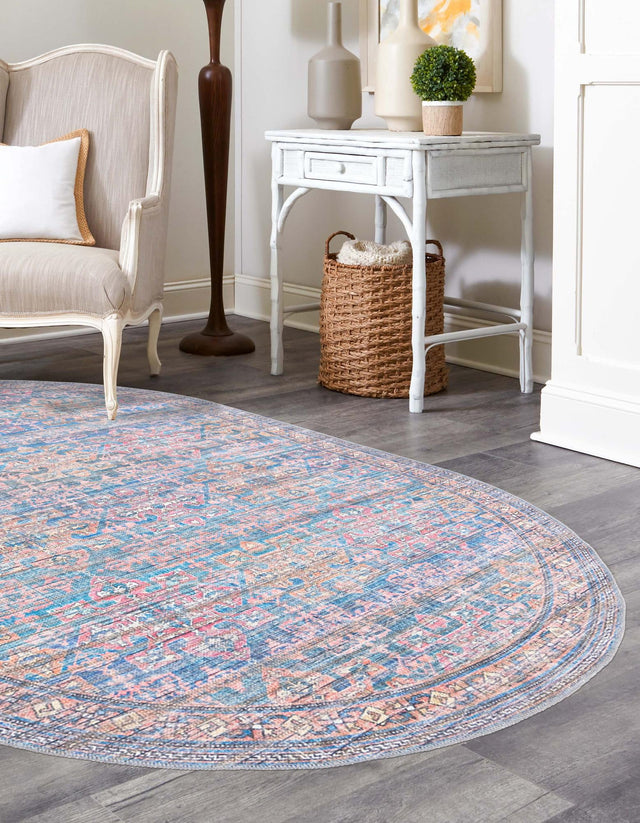 Washable Antique Blue 3' 11 x 6' Nostalgia Oval Area Rug Easy to Clean Stain Resistant & Durable Polyester Chenille Vintage Distressed Carpet for Sale at Rug Engine