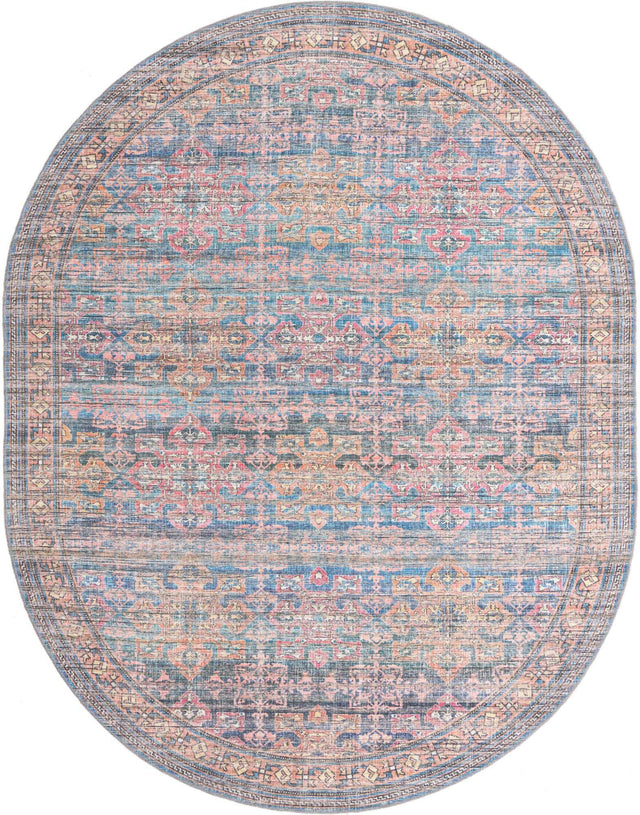 Washable Antique Blue 7' 10 x 10' Nostalgia Oval Area Rug Easy to Clean Stain Resistant & Durable Polyester Chenille Vintage Distressed Carpet for Sale at Rug Engine