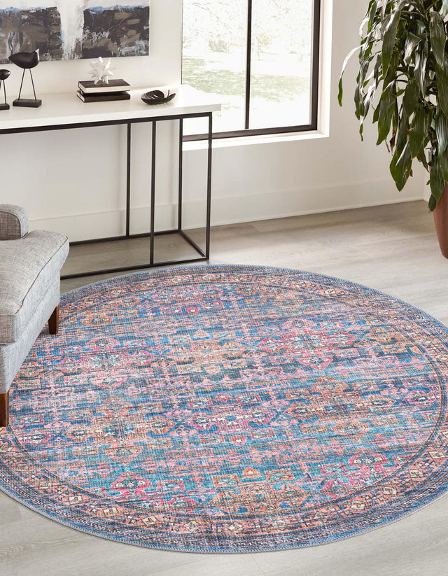Washable Antique Blue 3' 11 x 3' 11 Nostalgia Round Area Rug Easy to Clean Stain Resistant & Durable Polyester Chenille Vintage Distressed Carpet for Sale at Rug Engine