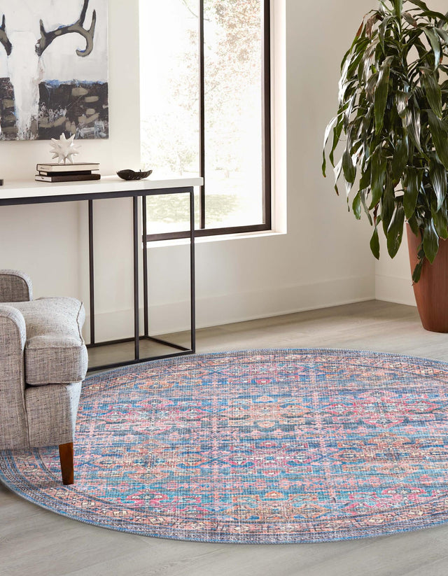 Washable Antique Blue 3' 3 x 3' 3 Nostalgia Round Area Rug Easy to Clean Stain Resistant & Durable Polyester Chenille Vintage Distressed Carpet for Sale at Rug Engine