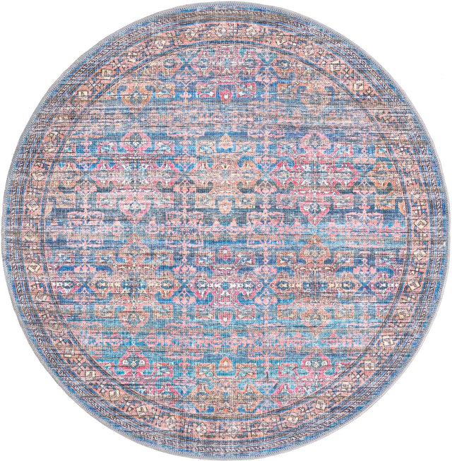 Washable Antique Blue 3' 11 x 3' 11 Nostalgia Round Area Rug Easy to Clean Stain Resistant & Durable Polyester Chenille Vintage Distressed Carpet for Sale at Rug Engine