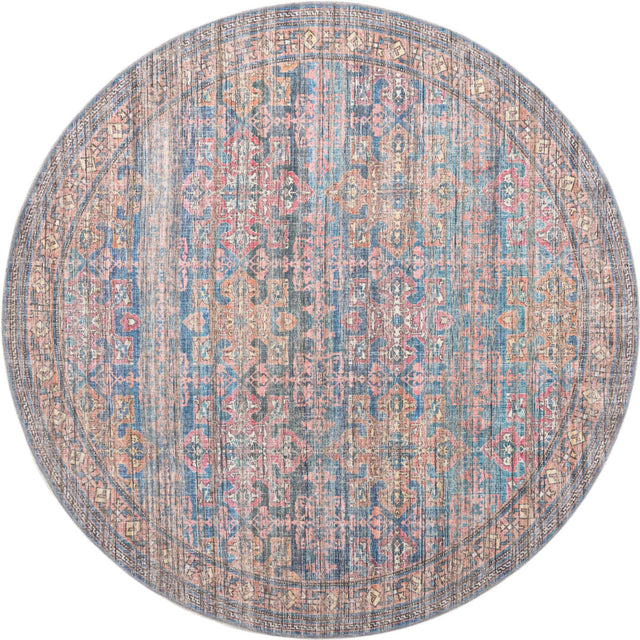 Washable Antique Blue 7' 10 x 7' 10 Nostalgia Round Area Rug Easy to Clean Stain Resistant & Durable Polyester Chenille Vintage Distressed Carpet for Sale at Rug Engine