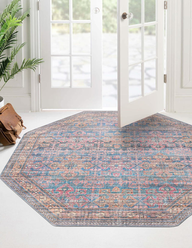 Washable Antique Blue 5' 3 x 5' 3 Nostalgia Octagon Area Rug Easy to Clean Stain Resistant & Durable Polyester Chenille Vintage Distressed Carpet for Sale at Rug Engine