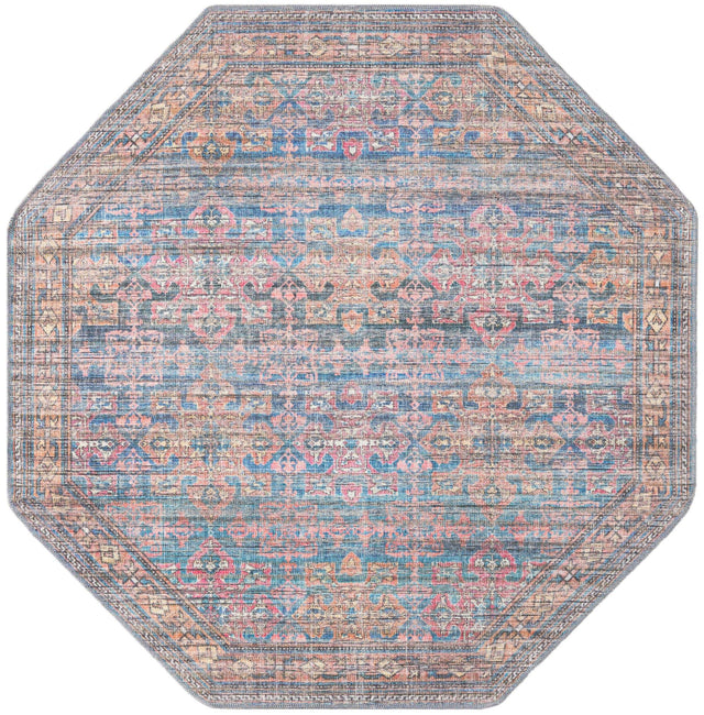 Washable Antique Blue 5' 3 x 5' 3 Nostalgia Octagon Area Rug Easy to Clean Stain Resistant & Durable Polyester Chenille Vintage Distressed Carpet for Sale at Rug Engine