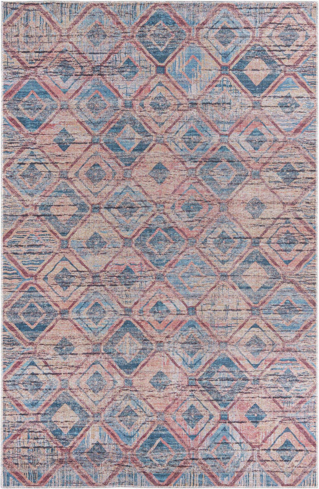 Washable Peach and Blue 5' 11 x 9' Sisu Rectangle Area Rug Easy to Clean Stain Resistant & Durable Polyester Chenille Distressed Vintage Look Carpet for Sale at Rug Engine