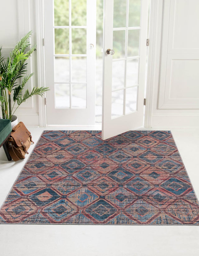 Washable Peach and Blue 7' 3 x 7' 3 Sisu Square Area Rug Easy to Clean Stain Resistant & Durable Polyester Chenille Distressed Vintage Look Carpet for Sale at Rug Engine