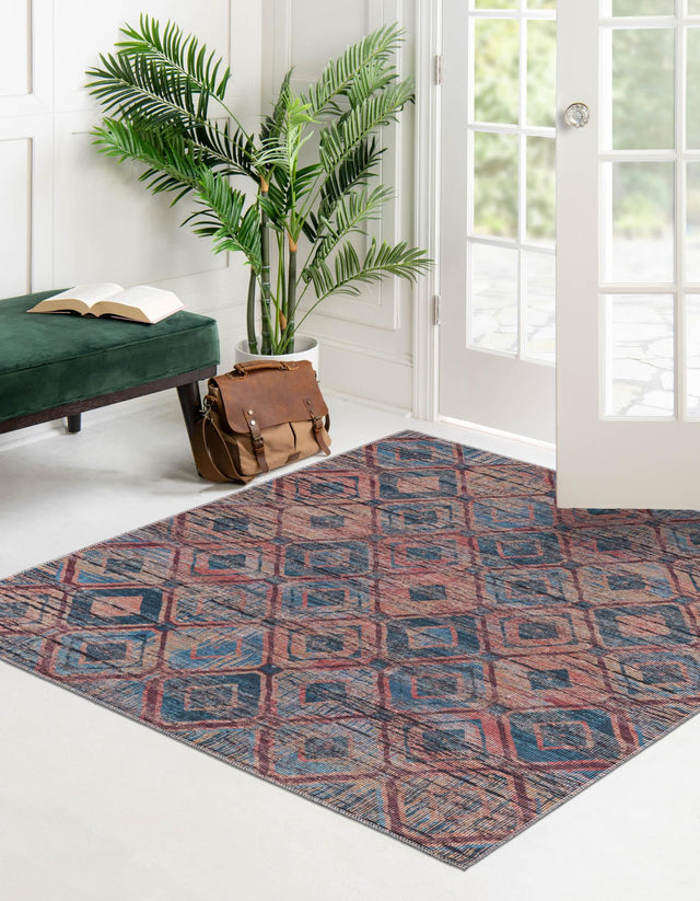 Washable Peach and Blue 7' 3 x 7' 3 Sisu Square Area Rug Easy to Clean Stain Resistant & Durable Polyester Chenille Distressed Vintage Look Carpet for Sale at Rug Engine