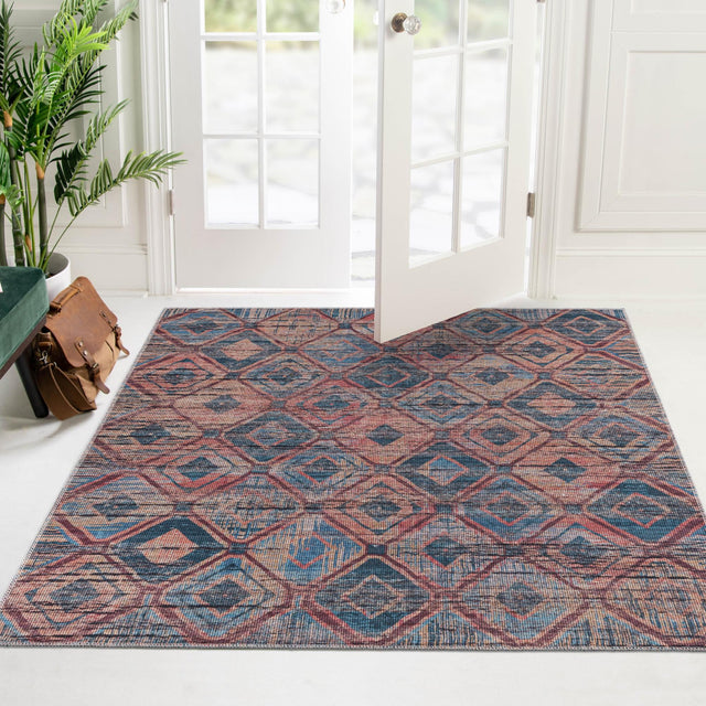 Washable Peach and Blue 7' 10 x 7' 10 Sisu Square Area Rug Easy to Clean Stain Resistant & Durable Polyester Chenille Distressed Vintage Look Carpet for Sale at Rug Engine
