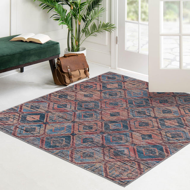 Washable Peach and Blue 7' 3 x 7' 3 Sisu Square Area Rug Easy to Clean Stain Resistant & Durable Polyester Chenille Distressed Vintage Look Carpet for Sale at Rug Engine