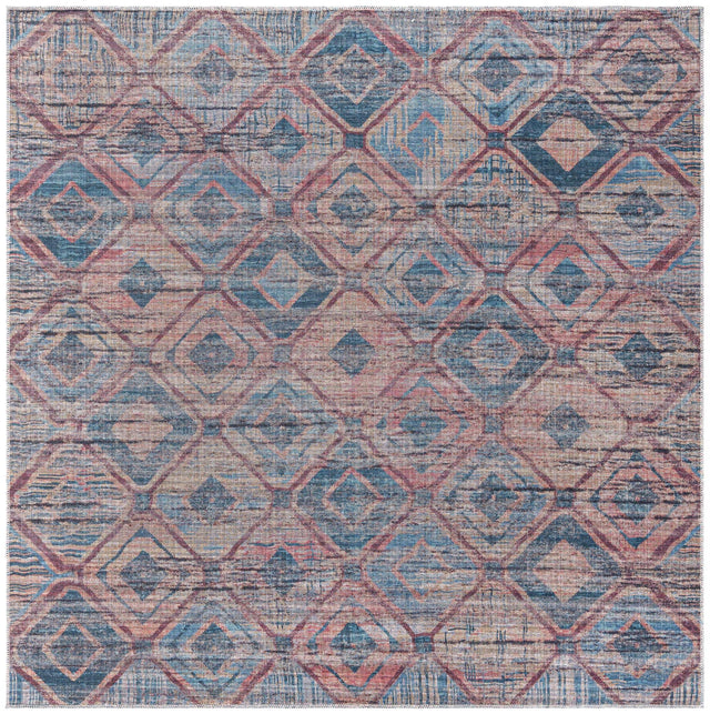 Washable Peach and Blue 7' 3 x 7' 3 Sisu Square Area Rug Easy to Clean Stain Resistant & Durable Polyester Chenille Distressed Vintage Look Carpet for Sale at Rug Engine