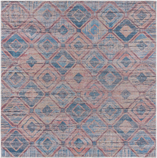 Washable Peach and Blue 7' 10 x 7' 10 Sisu Square Area Rug Easy to Clean Stain Resistant & Durable Polyester Chenille Distressed Vintage Look Carpet for Sale at Rug Engine