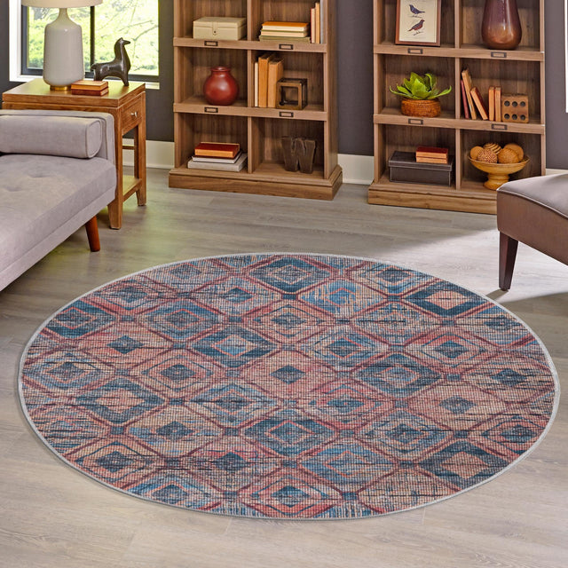 Washable Peach and Blue 3' 3 x 3' 3 Sisu Round Area Rug Easy to Clean Stain Resistant & Durable Polyester Chenille Distressed Vintage Look Carpet for Sale at Rug Engine