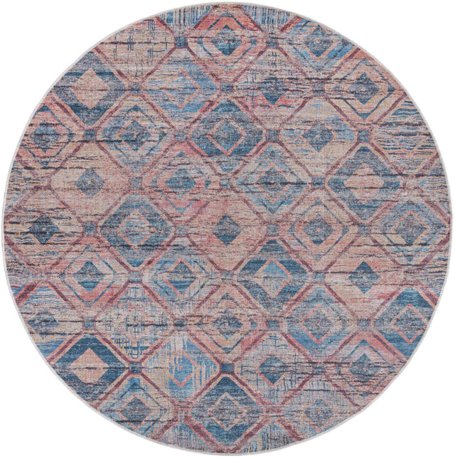 Washable Peach and Blue 7' 10 x 7' 10 Sisu Round Area Rug Easy to Clean Stain Resistant & Durable Polyester Chenille Distressed Vintage Look Carpet for Sale at Rug Engine