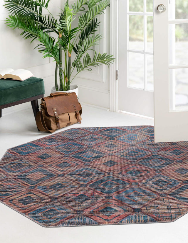 Washable Peach and Blue 7' 10 x 7' 10 Sisu Octagon Area Rug Easy to Clean Stain Resistant & Durable Polyester Chenille Distressed Vintage Look Carpet for Sale at Rug Engine