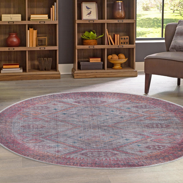 Washable Rust red and Beige 7' 10 x 7' 10 Sisu Round Area Rug Easy to Clean Stain Resistant & Durable Polyester Chenille Distressed Vintage Look Carpet for Sale at Rug Engine
