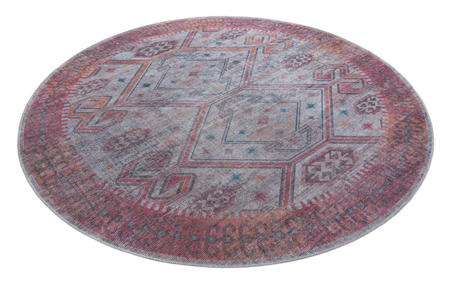 Washable Rust red and Beige 7' 10 x 7' 10 Sisu Round Area Rug Easy to Clean Stain Resistant & Durable Polyester Chenille Distressed Vintage Look Carpet for Sale at Rug Engine