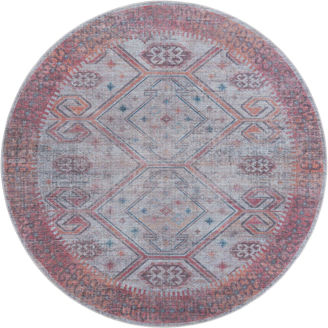 Washable Rust red and Beige 7' 10 x 7' 10 Sisu Round Area Rug Easy to Clean Stain Resistant & Durable Polyester Chenille Distressed Vintage Look Carpet for Sale at Rug Engine