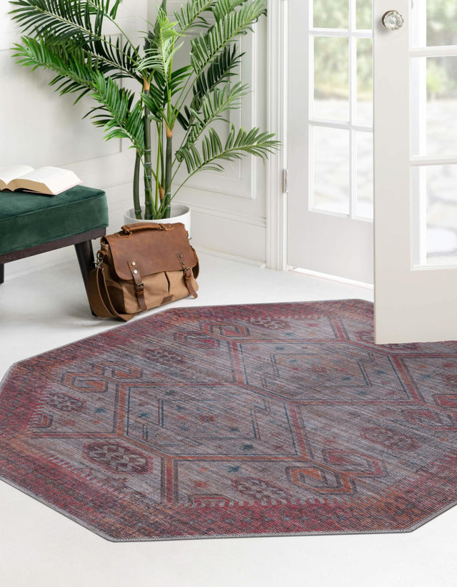Washable Rust red and Beige 7' 10 x 7' 10 Sisu Octagon Area Rug Easy to Clean Stain Resistant & Durable Polyester Chenille Distressed Vintage Look Carpet for Sale at Rug Engine