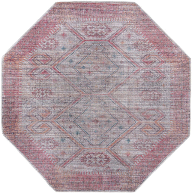 Washable Rust red and Beige 7' 10 x 7' 10 Sisu Octagon Area Rug Easy to Clean Stain Resistant & Durable Polyester Chenille Distressed Vintage Look Carpet for Sale at Rug Engine