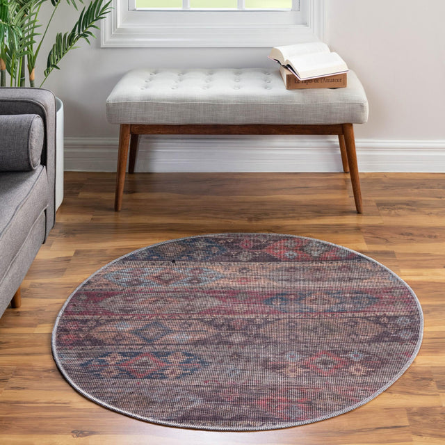 Washable Multicolor 7' 10 x 7' 10 Sisu Round Area Rug Easy to Clean Stain Resistant & Durable Polyester Chenille Distressed Vintage Look Carpet for Sale at Rug Engine