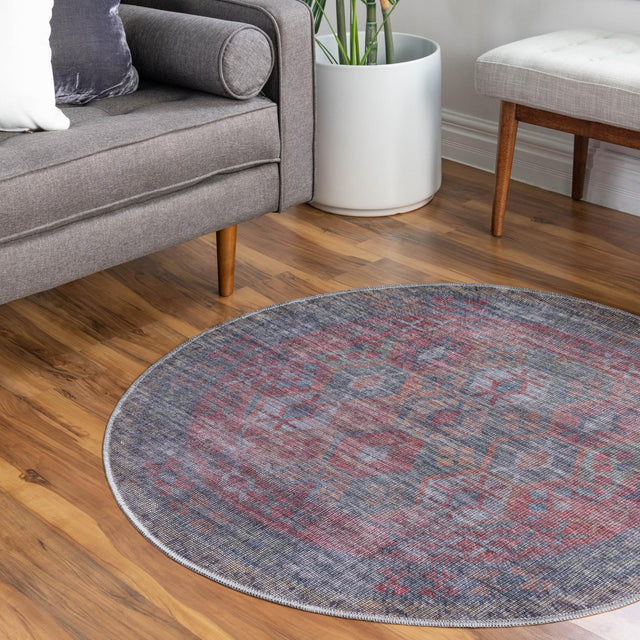 Washable Rust Blue 3' 3 x 3' 3 Sisu Round Area Rug Easy to Clean Stain Resistant & Durable Polyester Chenille Distressed Vintage Look Carpet for Sale at Rug Engine