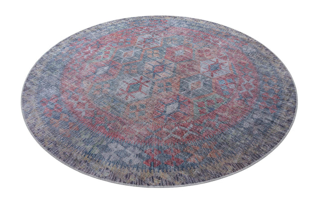 Washable Rust Blue 7' 10 x 7' 10 Sisu Round Area Rug Easy to Clean Stain Resistant & Durable Polyester Chenille Distressed Vintage Look Carpet for Sale at Rug Engine