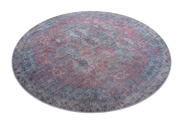 Washable Rust Blue 7' 10 x 7' 10 Sisu Round Area Rug Easy to Clean Stain Resistant & Durable Polyester Chenille Distressed Vintage Look Carpet for Sale at Rug Engine