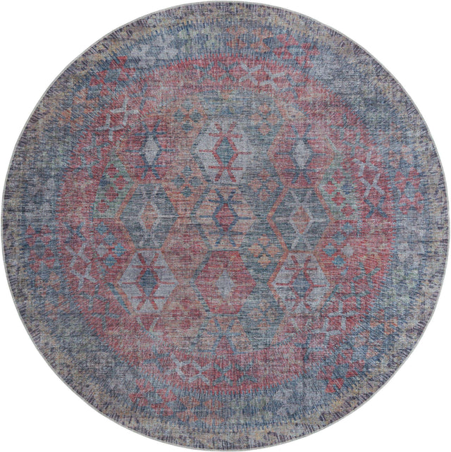 Washable Rust Blue 7' 10 x 7' 10 Sisu Round Area Rug Easy to Clean Stain Resistant & Durable Polyester Chenille Distressed Vintage Look Carpet for Sale at Rug Engine