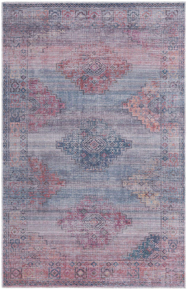 Washable Antique Blue 5' 3 x 8' Sisu Rectangle Area Rug Easy to Clean Stain Resistant & Durable Polyester Chenille Distressed Vintage Look Carpet for Sale at Rug Engine