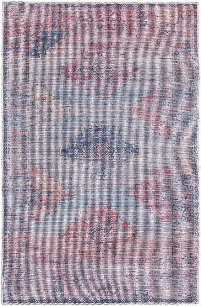 Washable Antique Blue 3' 11 x 6' Sisu Rectangle Area Rug Easy to Clean Stain Resistant & Durable Polyester Chenille Distressed Vintage Look Carpet for Sale at Rug Engine
