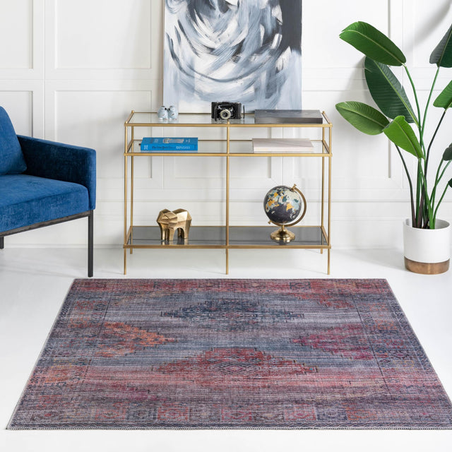 Washable Antique Blue 7' 3 x 7' 3 Sisu Square Area Rug Easy to Clean Stain Resistant & Durable Polyester Chenille Distressed Vintage Look Carpet for Sale at Rug Engine